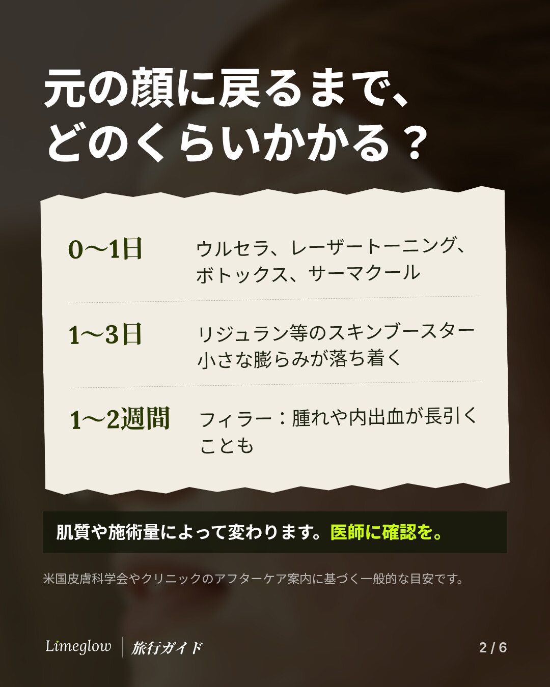 元の顔に戻るまで、どのくらいかかる？0～1日：ボトックス、ウルセラ、サーマクール、レーザートーニング。1～3日：リジュランなどのスキンブースターで、小さな膨らみが落ち着くまで。1～2週間：フィラーで、腫れや内出血が長引くことがあります。肌質や施術量によって変わるので、医師に確認しましょう。