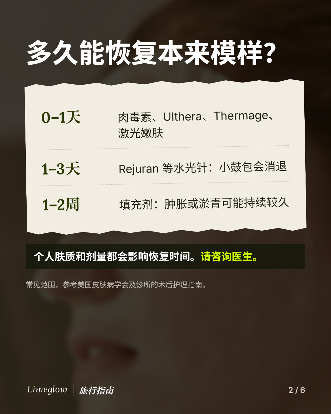 多久能恢复本来模样？0–1天：肉毒素、Ulthera、Thermage、激光嫩肤。1–3天：Rejuran 等水光针，小鼓包会消退。1–2周：填充剂，肿胀或淤青可能持续较久。个人肤质和剂量都会影响恢复时间，请咨询医生。