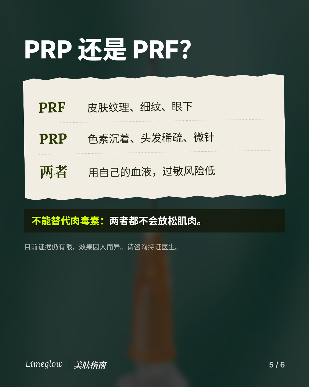 PRP 还是 PRF？PRF 常用于改善皮肤纹理、细纹和眼下问题；PRP 常用于色素沉着、头发稀疏和微针治疗。两者都使用您自己的血液，过敏风险低。两者都不能像肉毒素那样放松肌肉。