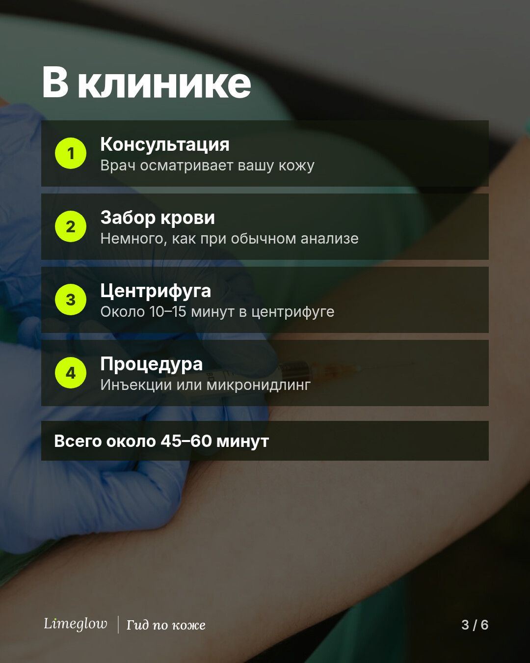 В клинике: консультация, забор небольшого количества крови, 10–15 минут в центрифуге, затем инъекции или микронидлинг. Всего около 45–60 минут.