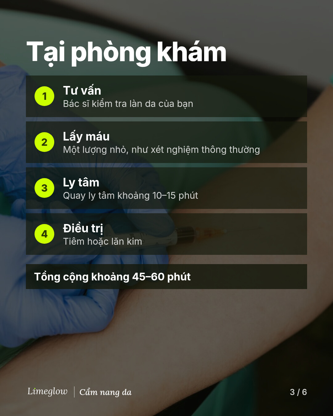 Tại phòng khám: tư vấn, lấy một lượng máu nhỏ, quay ly tâm 10 đến 15 phút, sau đó tiêm hoặc lăn kim. Tổng cộng khoảng 45 đến 60 phút.