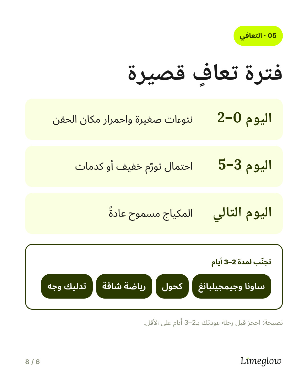 فترة التعافي: نتوءات صغيرة واحمرار في مواضع الحقن لمدة 1 إلى 2 يوم، مع احتمال حدوث تورّم أو كدمات حتى 3 إلى 5 أيام. يمكن عادةً وضع المكياج في اليوم التالي. تجنّب الساونا والكحول والتمارين الشاقة لمدة 2 إلى 3 أيام.