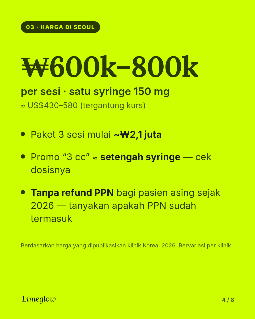 Harga di Seoul: sekitar 600.000 hingga 800.000 won per sesi, satu syringe 150 mg. Paket tiga sesi mulai sekitar 2,1 juta won. Sejak 2026, warga asing tidak lagi mendapat pengembalian PPN (VAT refund) untuk prosedur kosmetik.