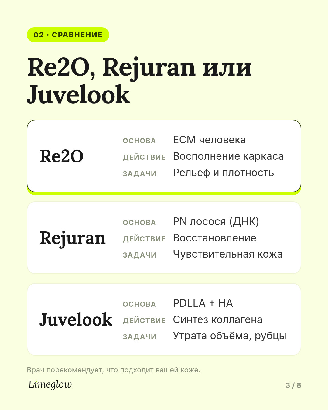 Re2O, Rejuran или Juvelook. Re2O восполняет структуру кожи за счёт ECM человеческого происхождения. Rejuran поддерживает восстановление за счёт PN из лосося. Juvelook стимулирует коллаген за счёт PDLLA.