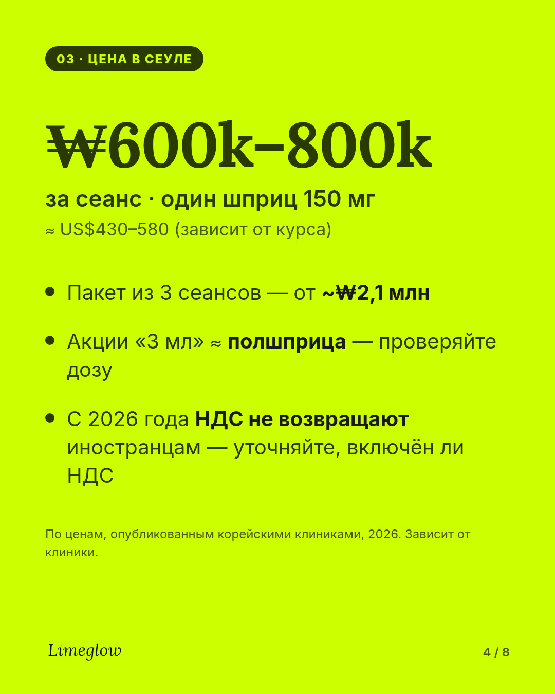 Цена в Сеуле: около 600 000–800 000 вон за сеанс, один шприц 150 мг. Пакеты из трёх сеансов — примерно от 2,1 млн вон. С 2026 года иностранцам больше не возвращают НДС за косметические процедуры.