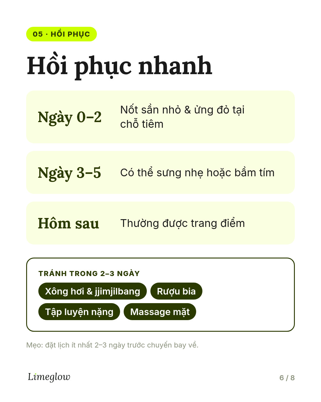 Thời gian hồi phục: nốt sần do tiêm và ửng đỏ trong 1 đến 2 ngày, có thể sưng hoặc bầm tím kéo dài đến 3 đến 5 ngày. Thường có thể trang điểm từ ngày hôm sau. Tránh xông hơi, rượu bia và tập luyện nặng trong 2 đến 3 ngày.